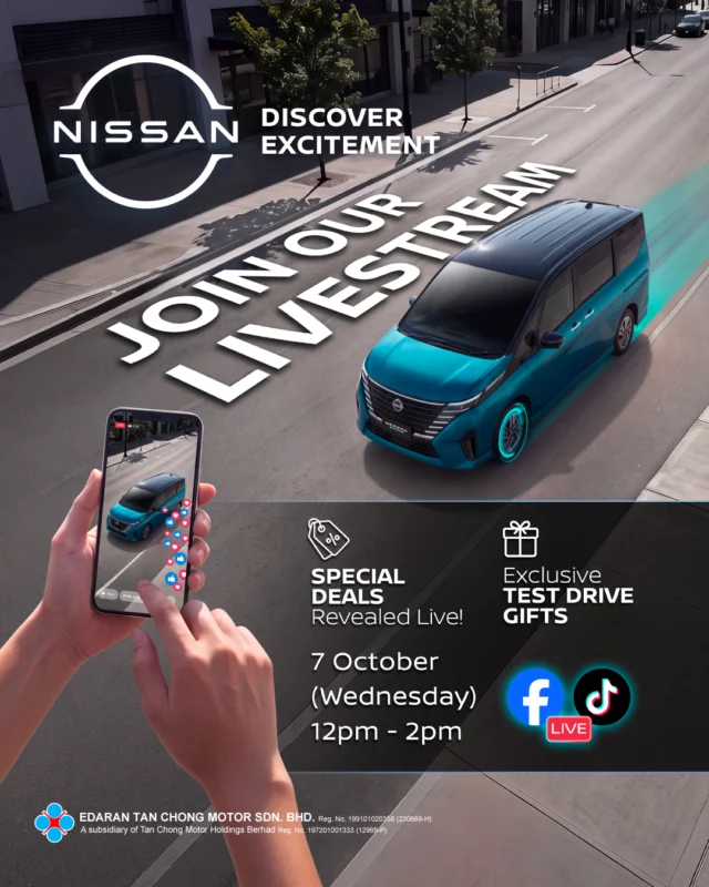✨ SPECIAL WEDNESDAY! LIVE TO DRIVE! 🚗🔥 JOIN US LIVE AT 12PM TOMORROW!Get closer to the Nissan Serena e-POWER and discover its key highlights, spacious comfort, special deals & MORE! 👀🔥🎁 Exclusive Test-Drive Gift
🔥 Special Deals Revealed LIVE📅 Wed, 7 Oct 2026
⏰ 12PM – 2PM
📱 Nissan Malaysia TikTok & FacebookTake a break and join us LIVE! 👋#NissanMalaysia #NissanSerena #SerenaePOWER #Livestream #DiscoverExcitement