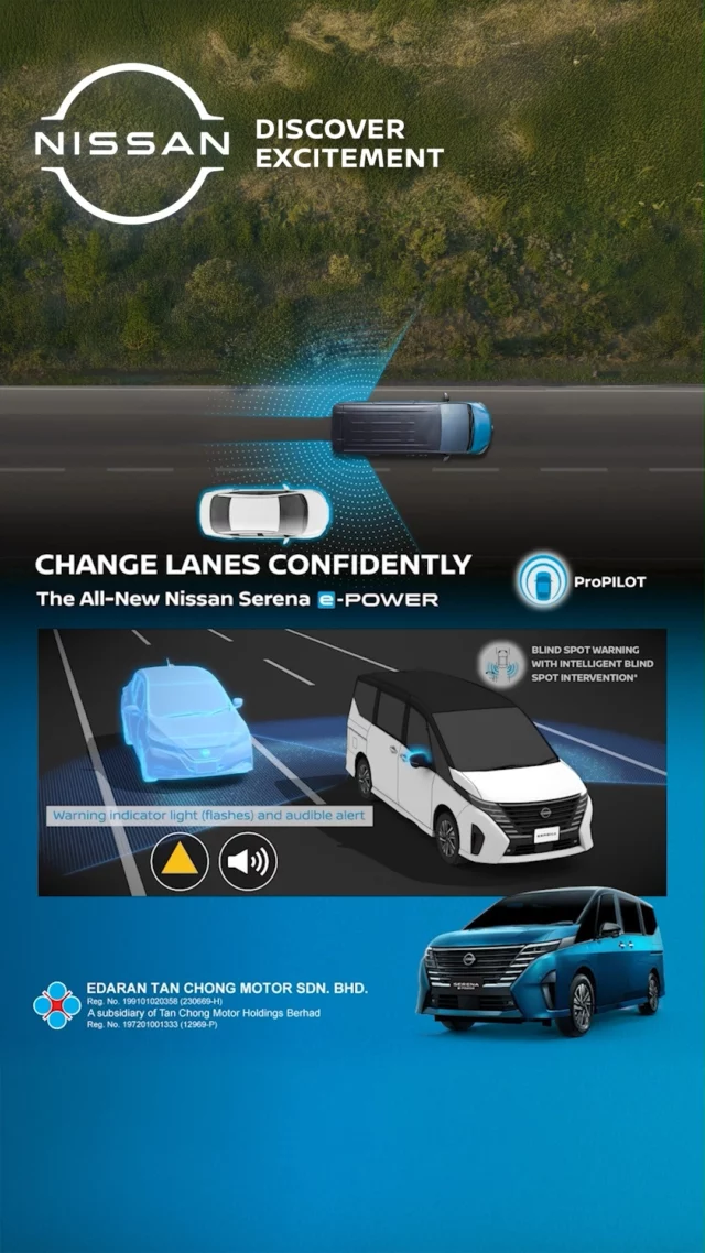 Change lanes confidently. 🚗✨With Intelligent Blind Spot Intervention, part of Nissan ProPILOT, the Serena e-POWER helps give you greater confidence when changing lanes by detecting vehicles in your blind spot and assisting with steering when needed.
More awareness. More reassurance. More confidence for every journey.#Nissan #Serena #SerenaePOWER #BigEasyFun #NissanMalaysia #DiscoverExcitement